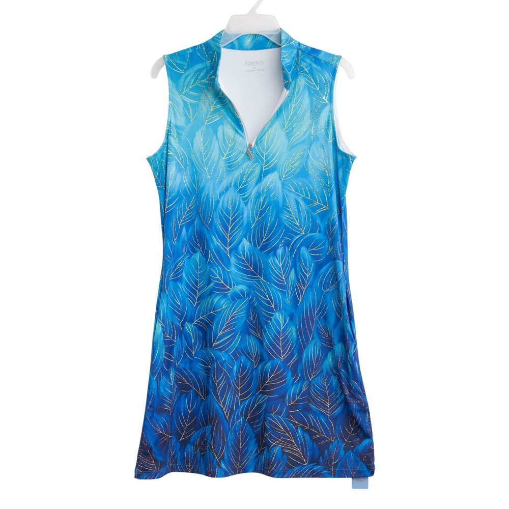 AceGolfs Sz M Blue Gold Leaf Print Golf Dress UPF 50+ Tennis Athleisure Sporty